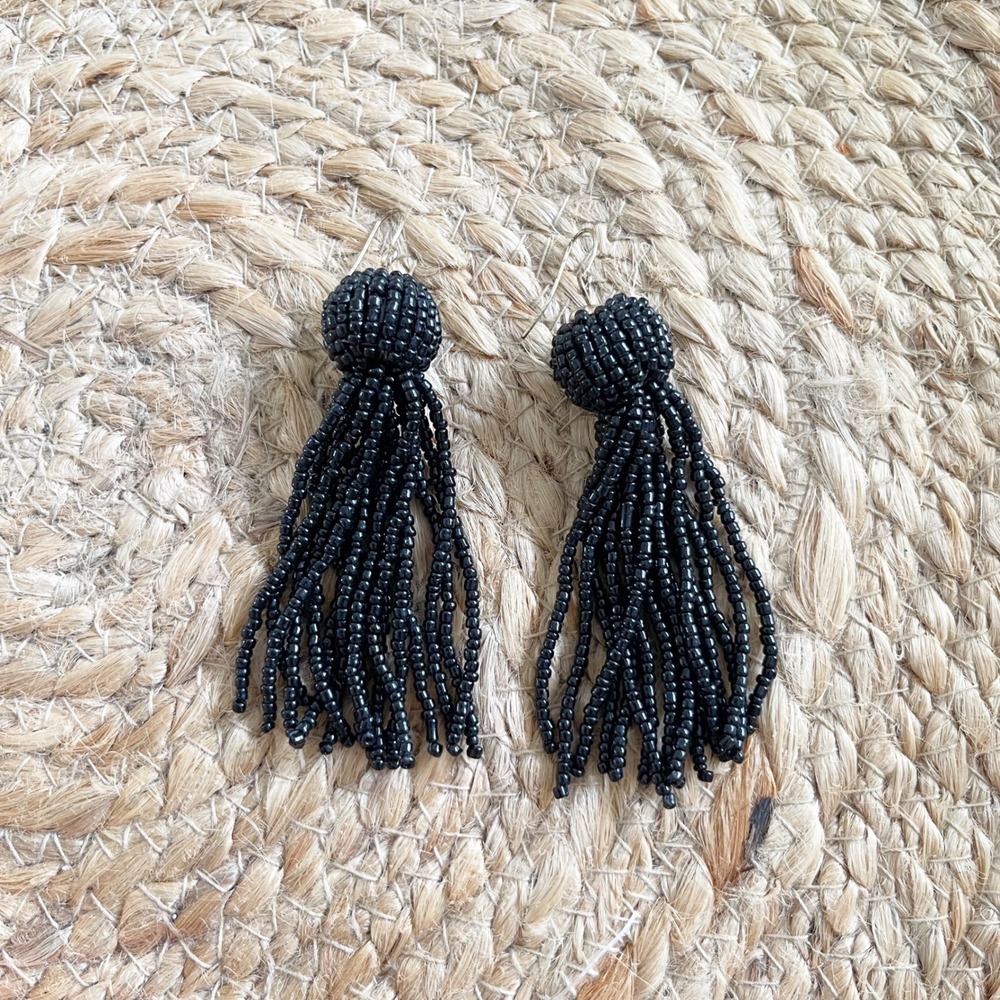 Black Seed Bead Tassel Earrings Boho Fringe Dangle Drop Statement‎ Jewelry